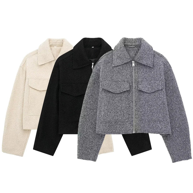 Willshela Women Fashion With Pockets Grey Front Zipper Jackets Vintage Lapel Neck Long Sleeves Female Chic Lady Outfits