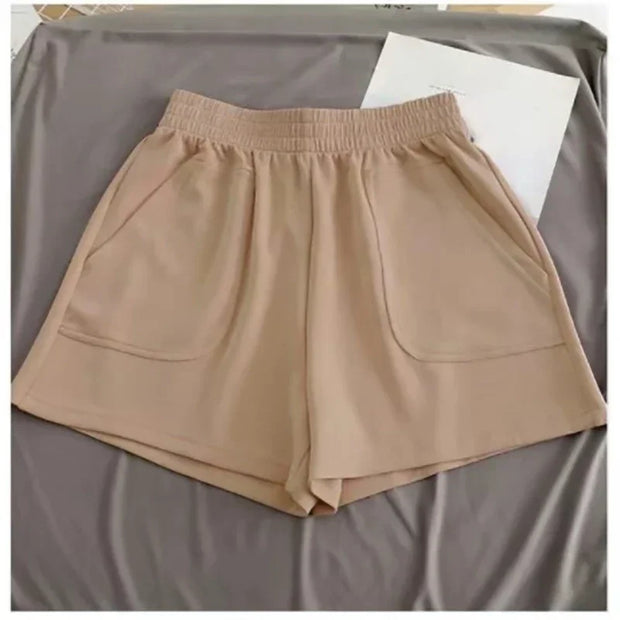 Women's Shorts with Pocket Summer Solid Color High Waist Hot Pants Casual Loose Sports Pants Elastic Waist Girls Cycling Shorts