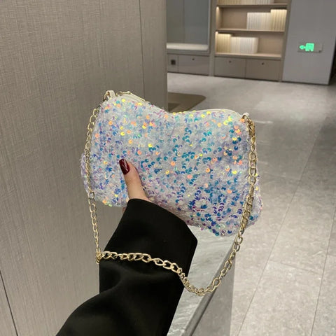 Sequins Crossbody Chain Bag Simple INS Solid Color Sequins Shoulder Bag Underarm Bag Phone Purse Evening Clutch Bags Handbag