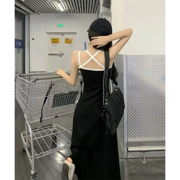 Camisole Summer Buttocks Wrapped Midi Dress Vest Skirt Large Swing Skirt Color Block Casual Women Clothing Holiday Dresses 2024