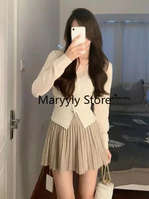 2023 Autumn Women French Long Sleeve Cardigan + High Waist Mini Skirt Korean Fashion Suits Elegant Office Lady 2 Piece Dress Set