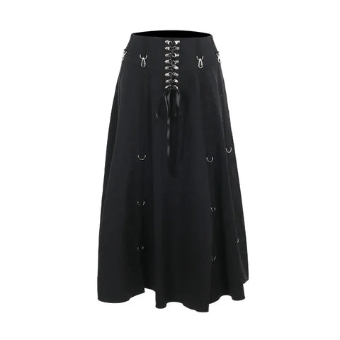 Goth Dark Acubi Fashion Black Swing A-line Skirt Punk Grunge Metal Buckle Streetwear Bandage Skirts Mall Gothic Alt Clother