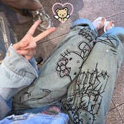 Sanrio Hello Kitty Wide Leg Pants Y2K Korean Version Streetwear Jeans Women Vintage Blue Loose Straight Trousers Cartoon Fashion