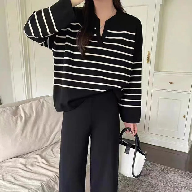 Women's Sweater Matching Set Winter New In Stripe Knit Pullover Long Sleeve Top Wide Leg Pants Set Casual Elegant Women's Sets