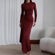 Elegant White Ruched Dresses Womens Long Sleeve Curvy Slit Evening Luxury Party Dress Winter Evening Black Gowns Red Prom Robe