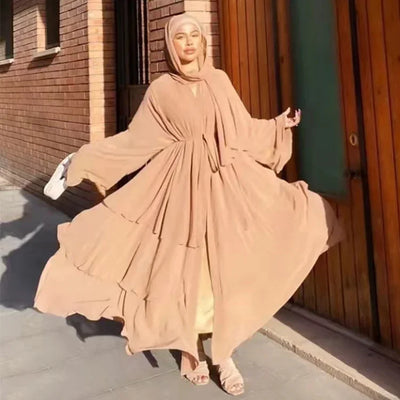 Muslim Open Kimono 3 Layer Abayas for Women Chiffon Dress Dubai Turkey Kebaya Cardigan Arab Robe Islamic Clothes Caftan Marocain