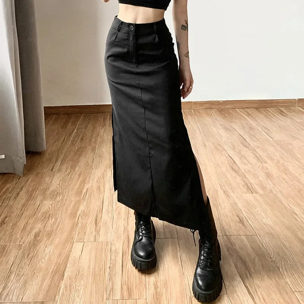 Women Midi Skirts Goth Dark Grunge Casual Tag Split Mall Gothic Punk High Raise Slim Long Skirt Y2k Sexy Fashion Streetwear