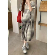 Fashion Lapel Zipper Spliced Striped Casual Dresses Female Clothing 2024 Summer New Loose Korean Short Sleeve Midi Dress