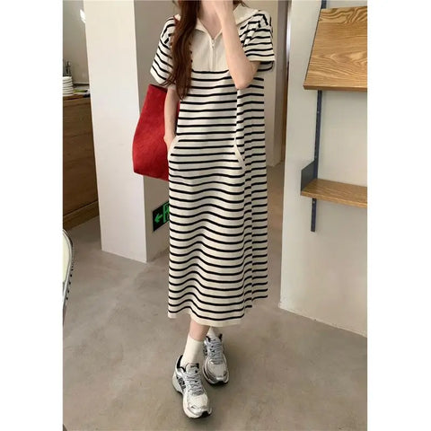 Fashion Lapel Zipper Spliced Striped Casual Dresses Female Clothing 2024 Summer New Loose Korean Short Sleeve Midi Dress