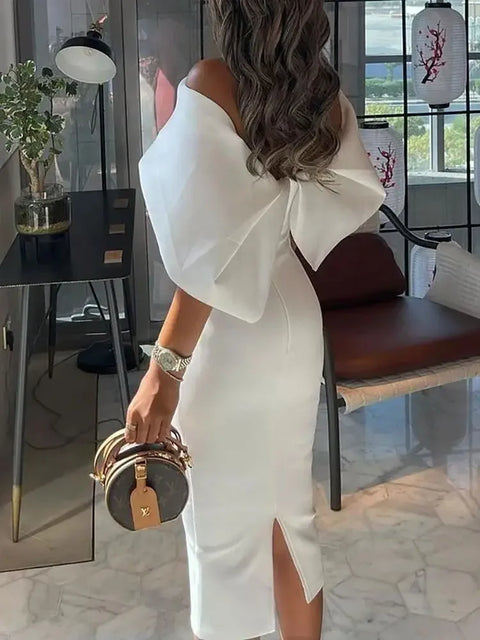 Elegant White Dress Women Summer Off Shoulder Cape Design Splicing Skinny Dress Party Vestidos Woman Evening Party Dresses White