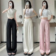 Pink New Chinese Satin Jacquard Suit Pants for Women Spring/Summer 2024 New High Waist Loose Straight Button Wide Leg Pants