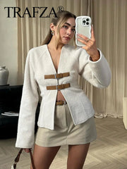 TRAFZA Retro Leather Buckle Woolen Coat Women Fashion Solid V Neck Long Sleeve Beige Jacket Autumn Spring Chic Female Streetwear