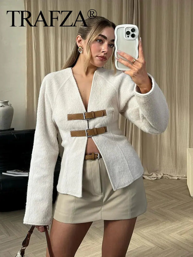 TRAFZA Retro Leather Buckle Woolen Coat Women Fashion Solid V Neck Long Sleeve Beige Jacket Autumn Spring Chic Female Streetwear