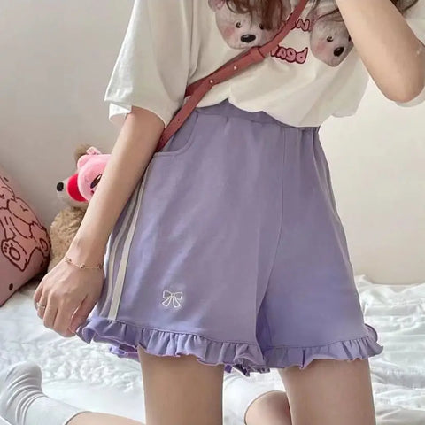 Sporty Shorts Women Ruffles Kawaii Bows Japanese Style Casual Loose Soft High Waist Summer Students Simple Fashion Popular Chic