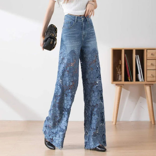 Fashion Elegant Jeans for Women High Waist Lace Patchwork Pantalones Hollow Out Oversized Spring Casual Loose All Match Pants