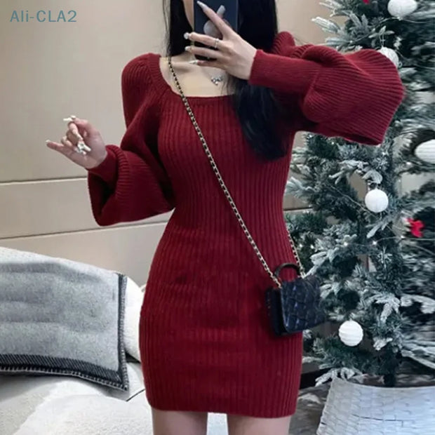 Elegant Solid Knit Mini Dress Women Square Collar Long Lantern Sleeve Dresses