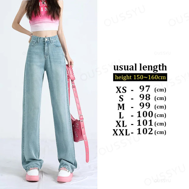 OUSSYU Summer Soft Lyocell Fabric Woman Jeans Thin Loose Straight High Waisted Pant Fashion Comfort Retro Blue Casual Trousers