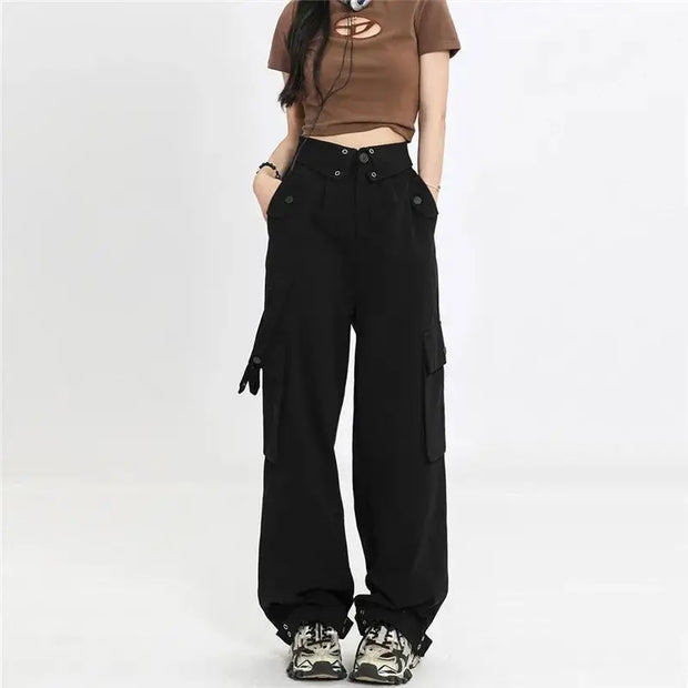 Women's Spring Vintage Hollow Stripe Long Sleeved Knitwear+Strap+Cargo Pants Suit Korean Elegant Sweater Trousers Matching Set