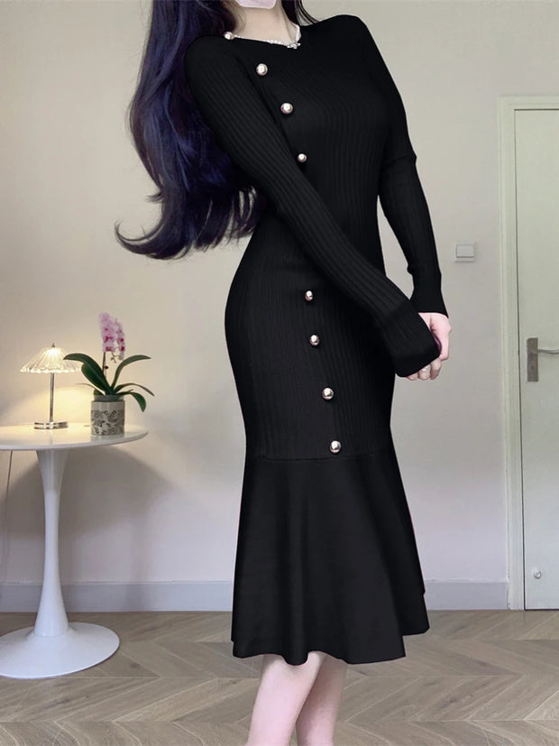 Korean Chic French Knitted Dress Women High Waist Fishtail Dresses Autumn Winter Long Sleeve Elegant Bodycon Dress Vesstidos