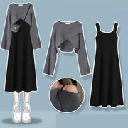 Women Spring Autumn New Vintage O-Neck Knit Sweater+sexy Sling Skirt 2-piece Suit Korean Chic Short Pullover Dress Matching Set