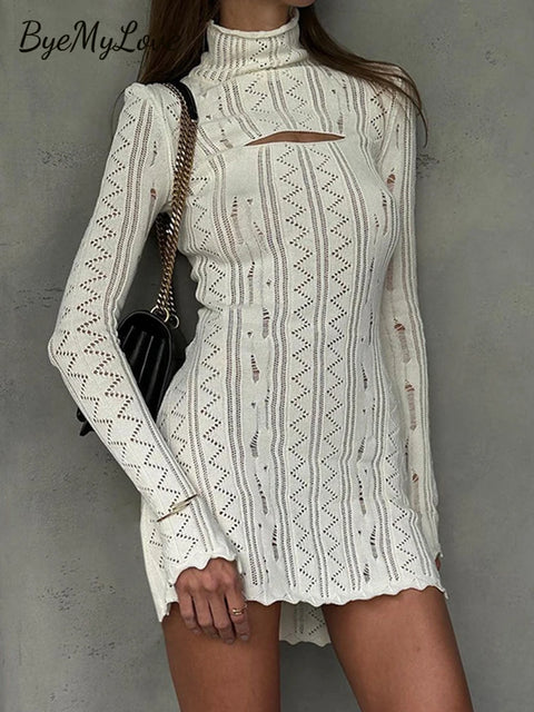 ByeMyLove Knit Dress Knit dresses for women Crochet Dress Tear Long Sleeve Hollow Out High Neck Cut out Turtleneck Knitwear Slim