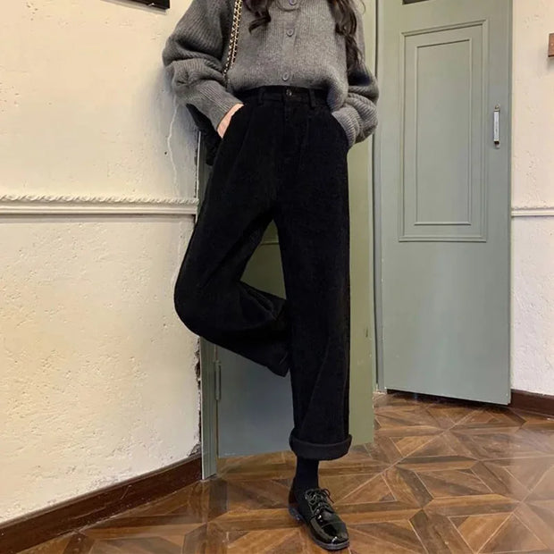 MEXZT Corduroy Wide Leg Pants Women Vintage High Waist Pockets Baggy Trousers Streetwear Korean All Match Black Straight Pants