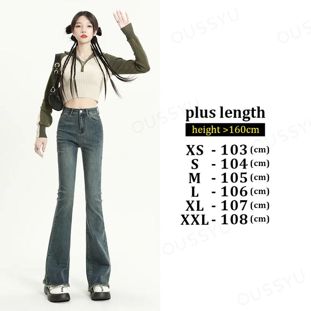 OUSSYU Summer Flared Jeans Women Cotton Vintage Blue Denim Pants Streetwear Elastic High Waist Slim Harajuku Trousers