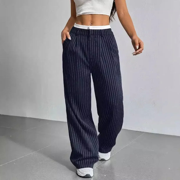 Women Stripes Printed Full Length Pants Trousers High Waist Fashion Casual Y2K Pants Loose Wide Leg