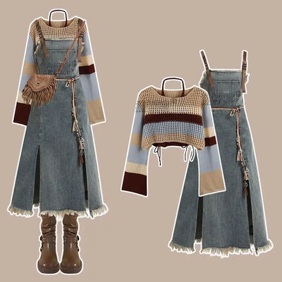 2025 Spring New Vintage Denim Skirt Matching Set Women's Elegant Loose Hollow Knitted Shirt+Sexy Split Dress Two Piece Suit