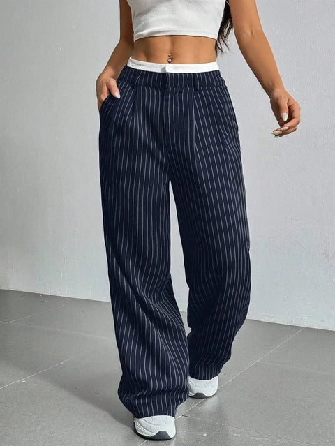 Women Stripes Printed Full Length Pants Trousers High Waist Fashion Casual Y2K Pants Loose Wide Leg