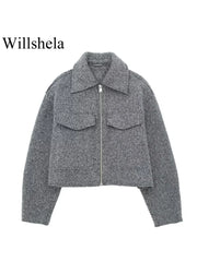 Willshela Women Fashion With Pockets Grey Front Zipper Jackets Vintage Lapel Neck Long Sleeves Female Chic Lady Outfits