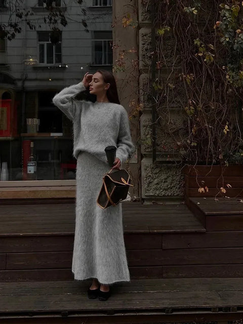 Fashion Solid Mohair Knit Long Skirt Sets Women O Neck Full Sleeves Pullover Sweater Autumn Female High Street Commute Outfits