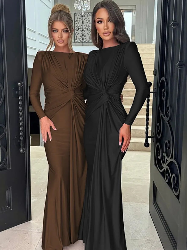 Elegant O-neck Long Sleeve Folds High Waist Bodycon Black Evening Party Dresses Women's Luxury Formal Occasion Prom Dress Gowns