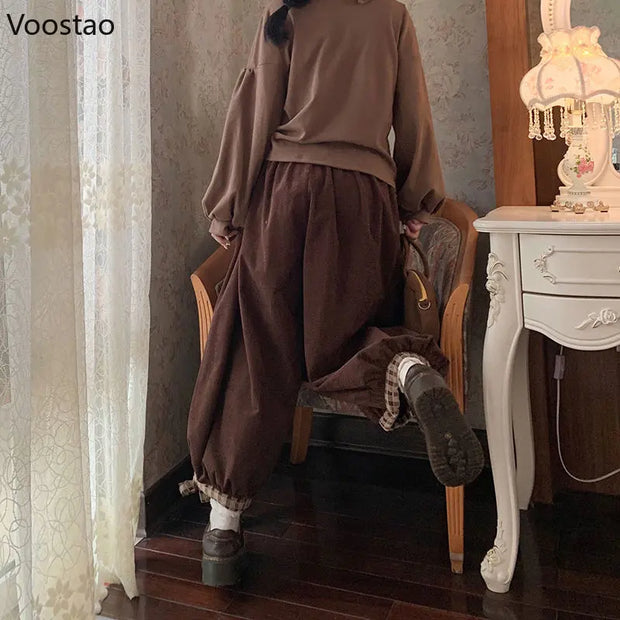 Japanese Sweet Flower Corduroy Wide Leg Casual Pants Women Vintage Cute Loose Trousers Girls Harajuku Sweatpants Kawaii Bloomers