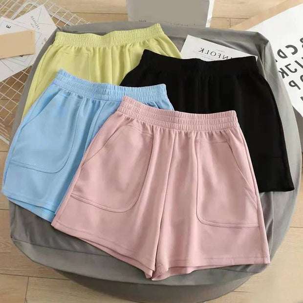 Women's Shorts with Pocket Summer Solid Color High Waist Hot Pants Casual Loose Sports Pants Elastic Waist Girls Cycling Shorts