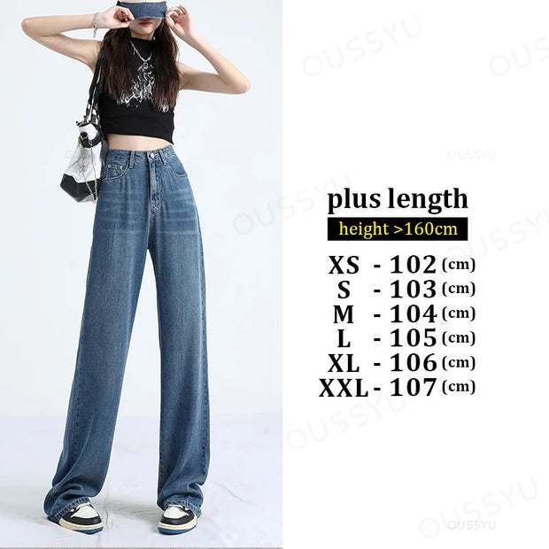 OUSSYU Summer Soft Lyocell Fabric Woman Jeans Thin Loose Straight High Waisted Pant Fashion Comfort Retro Blue Casual Trousers