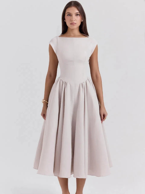 2025 Spring New Women White Backless A-line Midi Dresses Elegant O Neck Sleeveless Wrapped Waist Dresses Ladies Chic Streetwear