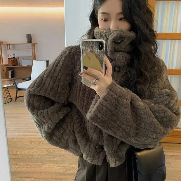 Rimocy Winter Warm Lambswool Coats Women Fashion Korean Padded Cotton Outerwear Woman Stand Collar Cropped Jacket Female 2024