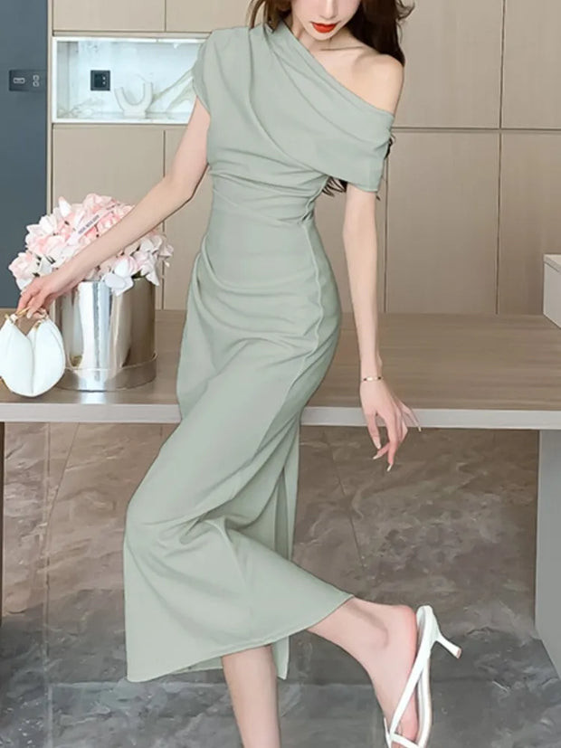 Elegant Off Shoulder Evening Party Dresses Women Summer Fashion Slim One Piece Solid Vestidos Korean Graduation Robe Clothing