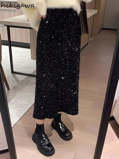 Temperament Jupe Fashion Velvet Black Skirts for Women 2023 Faldas Mujer De Moda High Waist Chic Saia Sequin Bodycon Split Skirt