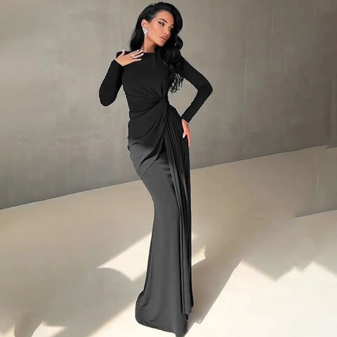 Elegant O-neck Long Sleeve Folds High Waist Bodycon Black Evening Party Dresses Women's Luxury Formal Occasion Prom Dress Gowns