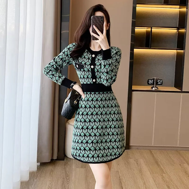 Pink Knitted Dress Women's Autumn New Round Neck High Waist Long Sleeve Slim Sweater A-line Small  Dress