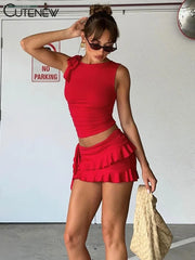 NIBBER Women's Halter Lace-up Two Pieces Sets Spaghetti Strap Camisole Hip Slim Mini Skirt New Streetwear Female Dress Suit Hot