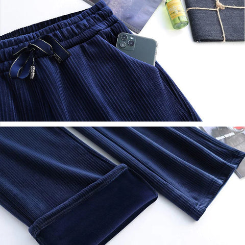 Winter Velvet Wide Leg Pants Women New Baggy Thicken Lace Up Straight Sweatpants Plush Liend Warm Pantalones High Wasit Spodnie