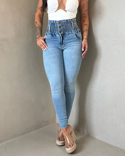 Stretchy Shirred High Waist Skinny Jeans Women Pants