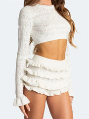 2 Piece Set Women Spring Fall Shorts Outfits Flare Long Sleeve Knit Crop Sweater Top + Frill Ruffle Shorts Y2K Aesthetic Clothes