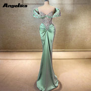 Angelika Attractive Mermaid Formal Evening Dresses for Women Off the Shoulder Rhinestones Ruched Satin V Neck Abendkleider