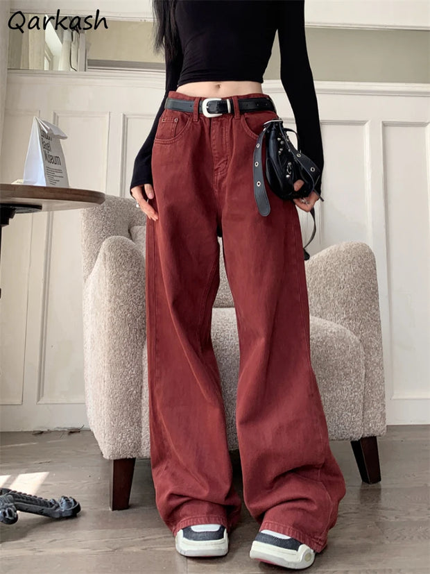 Wide Leg Jeans Women Loose Floor Length Red Vintage All-match Chic Autumn Winter Empire Daily Streetwear Female Fashion Ins New