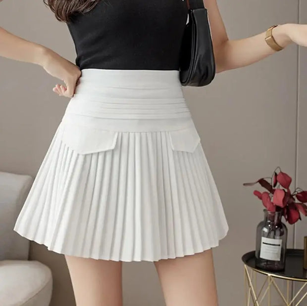 Summer White Pleated Skirts Sexy Casual Slim College Women High Waist Mini Metal Letter D Ontwerp A-lijn Korean Fashion Style