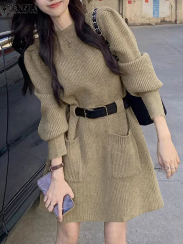 ZANZEA Korean Fashion Solid Basic Dresses Vintage Knitted Dress Women Long Sleeve Vestidos 2025 Spring Pocket No Belted Robes